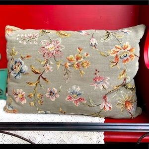 Gorgeous needlepoint throw pillow with dusty blue velvet back w/button opening